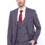 2 Button Mono Collar Plaid Suit Vest Burgundy Suit-Wessi