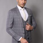 2 Button Mono Collar Plaid Suit Vest Grey Suit-Wessi