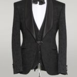 3-Piece Patterned Single Button Satin Lapel Black Men's Tuxedo with Bow Tie - Wessi