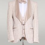 3-Piece Patterned Single Button Satin Lapel Cream Men's Tuxedo with Bow Tie - Wessi