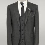 3 -Piece Single Button Peak Lapel Dark Grey Men Suit - Wessi