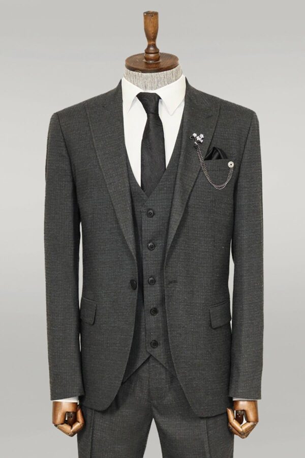 3 -Piece Single Button Peak Lapel Dark Grey Men Suit - Wessi