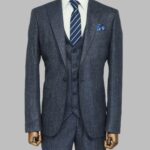 3 -Piece Single Button Peak Lapel Grey Blue Men Suit - Wessi