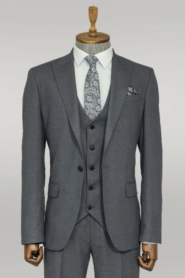 3 -Piece Single Button Peak Lapel Grey Men Suit - Wessi