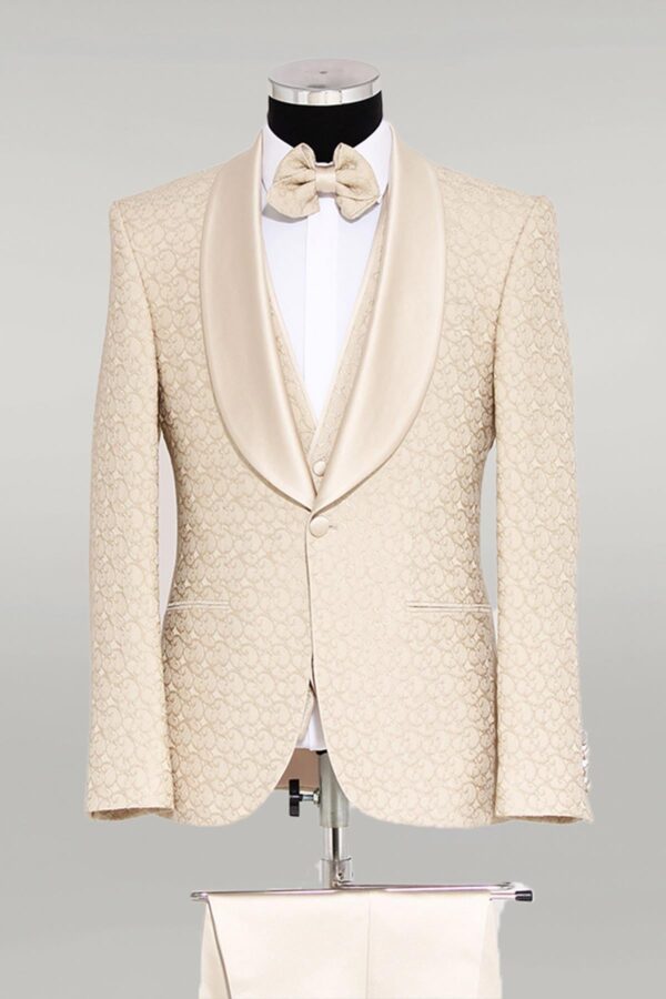 3-Piece Textured Satin Lapel Champagne Men's Tuxedo with Bow Tie