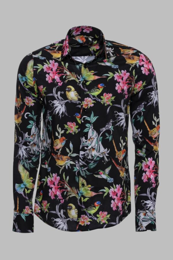 Birds And Flowers Patterned Slim Fit Long Sleeves Black Men Shirt - Wessi