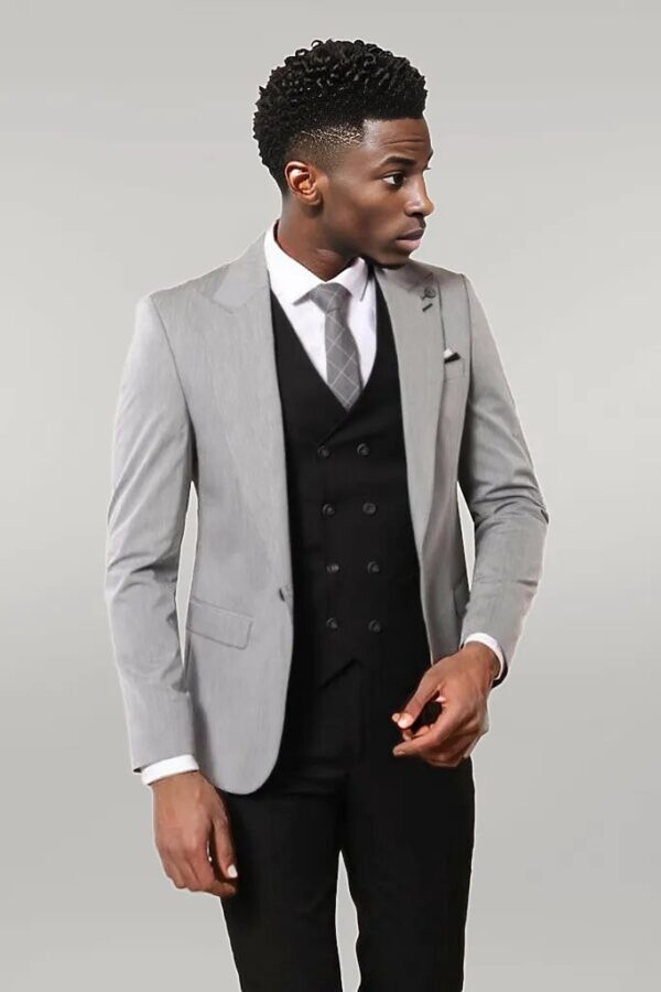 Black Double Breasted Vest Grey Men Suit - Wessi