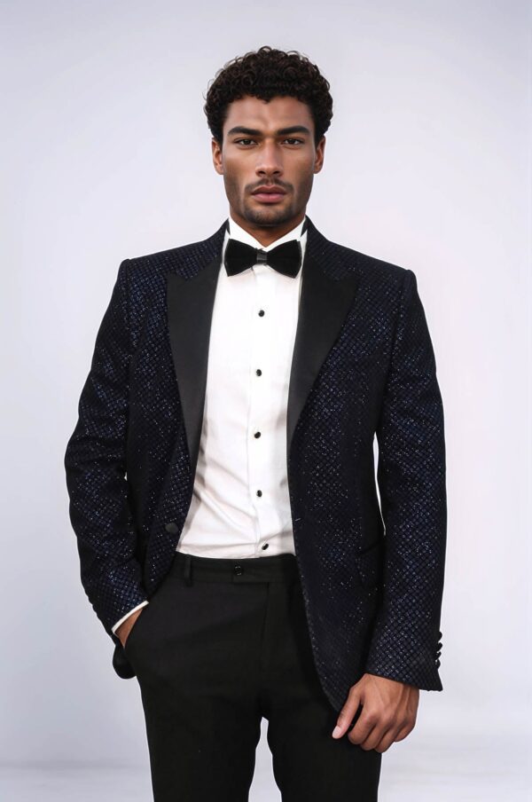 Black Patterned Over Navy Blue Men Party Blazer - Wessi