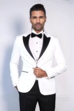 Black Peak Lapel Textured Fabric Men's Royal White Tuxedo Jacket