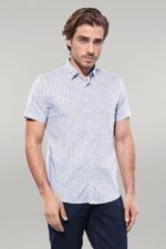Blue Floral Patterned Short Sleeve White Men Shirt