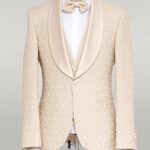 Brocade Double-Breasted Satin Lapel Ivory Men's Tuxedo with Bow Tie - Wessi