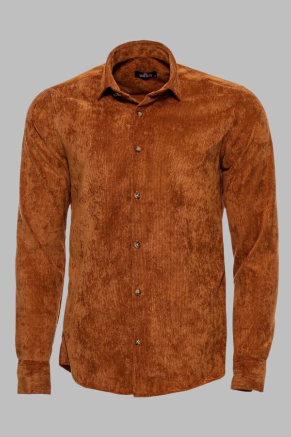 Brown Long Sleeves Velvet Men's Shirt - Wessi