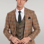 Brown Vested Slim Fit Checked Tan Men Suit - Wessi