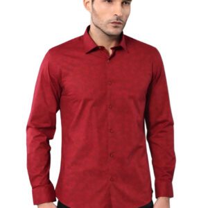 Burgundy Slimfit Shirt with Self Flower Pattern - Wessi