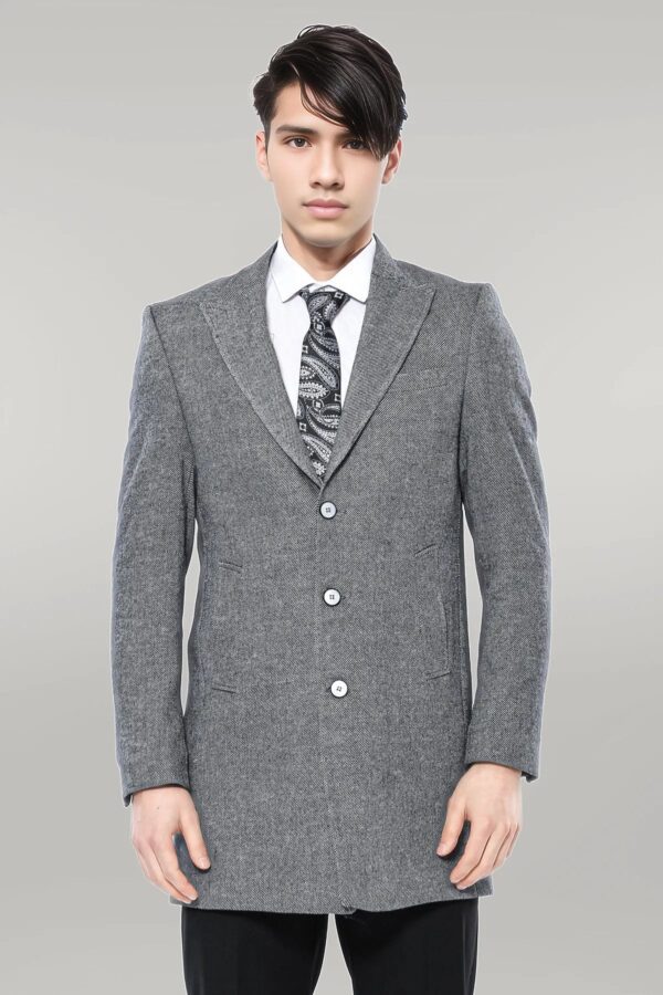 Cachet Peak Lapel Grey Men Long Coat - Wessi