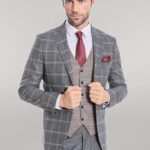 Checked Patterned Beige Vested Slim Fit Grey Men Suit - Wessi