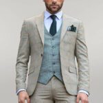 Checked Patterned Slim Fit Beige Men Suit - Wessi