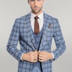 Checked Patterned Slim Fit Blue Men Suit - Wessi
