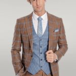 Checked Patterned Slim Fit Brown Men Suit - Wessi