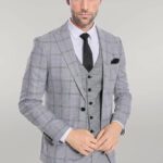 Checked Patterned Slim Fit Grey Men Suit - Wessi