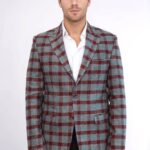 Checked Peak Lapel Slim-Fit Burgundy Men Blazer - Wessi