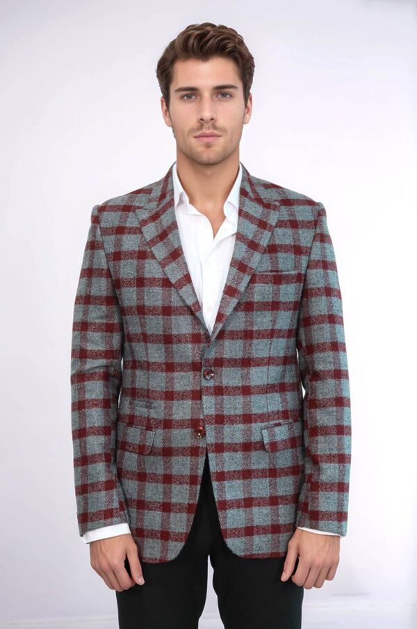 Checked Peak Lapel Slim-Fit Burgundy Men Blazer - Wessi