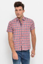 Checked Short Sleeves Navy Blue Men Shirt