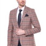 Checked Single Button Burgundy Men Blazer - Wessi