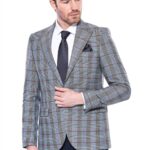 Checked Single Button Navy Blue Men Blazer - Wessi