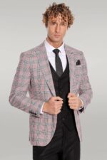 Checked Slim Fit Burgundy Men Suit