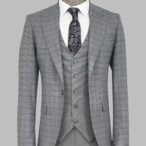 Checked Slim Fit Grey Men Suit - Wessi