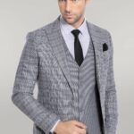 Checked Slim Fit Light Grey Men Suit - Wessi