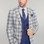 Checked Slim Fit Navy Blue Men Suit - Wessi