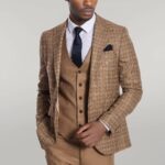 Checked Slim Fit Tan Men Suit - Wessi