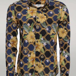 Colorful Floral Patterned Slim Fit Long Sleeves Navy Blue Men Shirt - Wessi