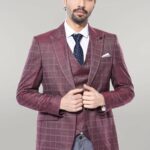 Combined Vested Burgundy Plaid Men's Suit - Wessi