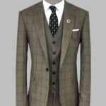 Cream Plaid Peak Lapel 3 Piece Suit - Wessi
