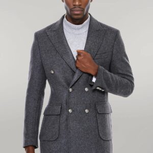 Dark Grey Metal Buttoned Double Breasted Long Coat - Wessi