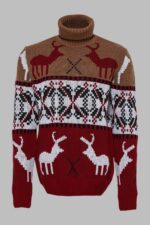 Deer Patterned Christmas Themed Turtleneck Red Beige Men Sweater