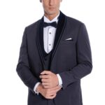 Detachable Velvet Lapel Navy Blue Tuxedo - Wessi