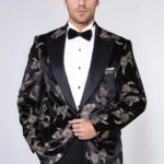 Dot Floral Patterned Velvet Black Men Stage Tuxedo Blazer - Wessi