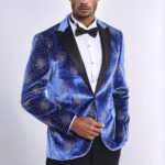 Dot Patterned Peak Lapel Blue Men Singer Performance Blazer - Wessi