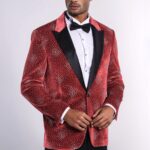 Dot Patterned Peak Lapel Burgundy Men Singer Tuxedo Blazer - Wessi
