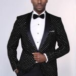 Dot Patterned Slim Fit Black Men Evening Dinner Blazer - Wessi
