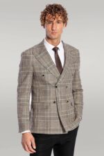 Double Breasted Checked Grey Men Blazer