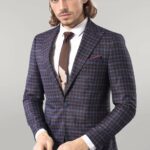 Double Breasted Plaid Burgundy Blazer - Wessi