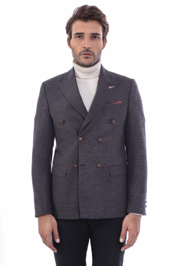 Double Breasted Slim Fit Brown Blazer - Wessi