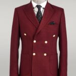 Double Breasted Slim Fit Burgundy Men Blazer - Wessi