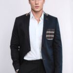 Double Buttons Knit Collar Mono Lapel Black Jacket-Wessi