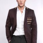 Double Buttons Knit Collar Mono Lapel Brown Jacket-Wessi